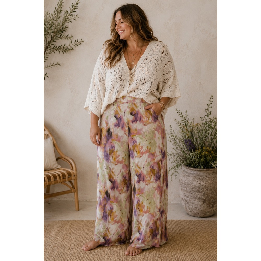 Forever 21 Plus Watercolor Floral Plisse Wide Leg Pants Purple Green 0X